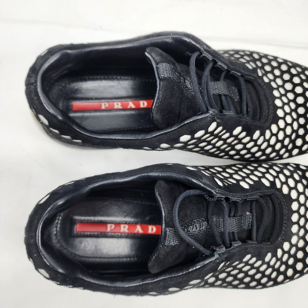 Prada Suede Slip-on 3D Sneakers pull tight laces Black White Prada Size 38 US 8 - Picture 7 of 10